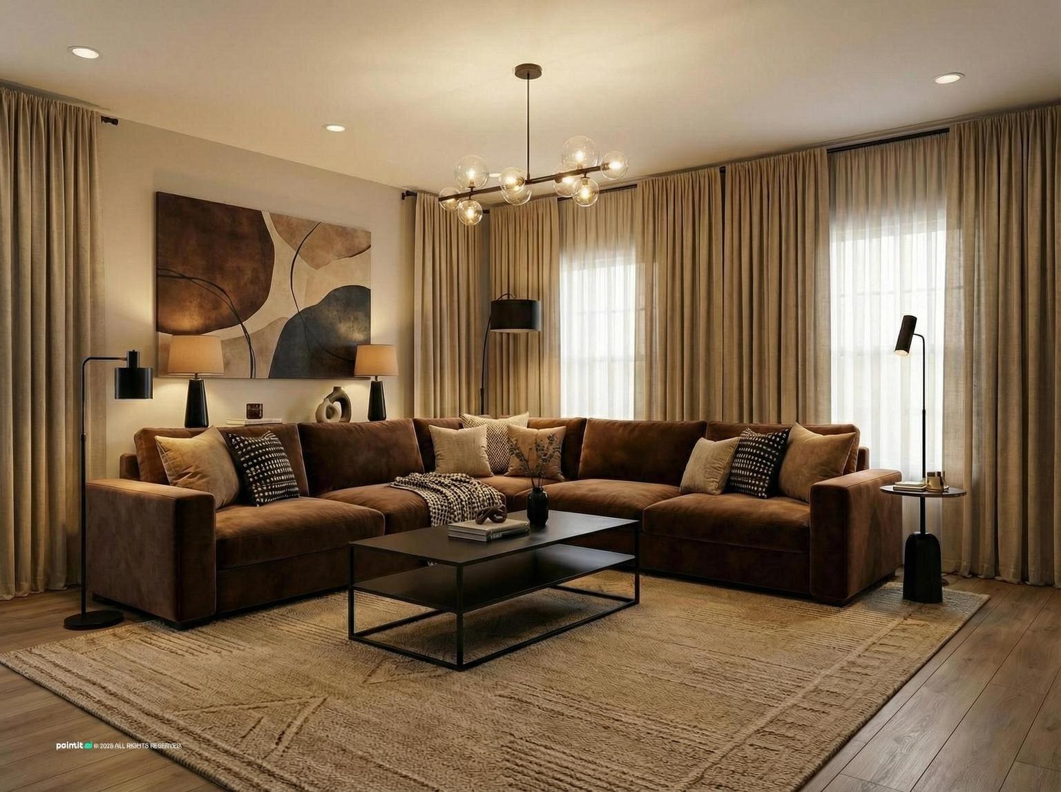 Living room with a brown corner sofa, a black coffee table, an arc floor lamp and heavy curtains