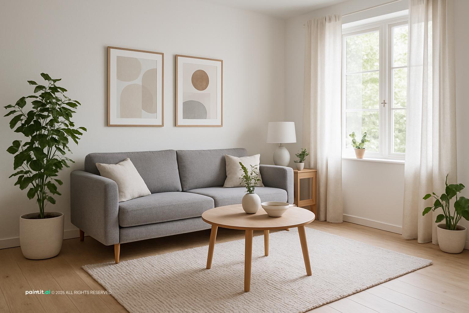 Small living room with a light grey sofa, a round wooden coffee table, line-art prints and plants