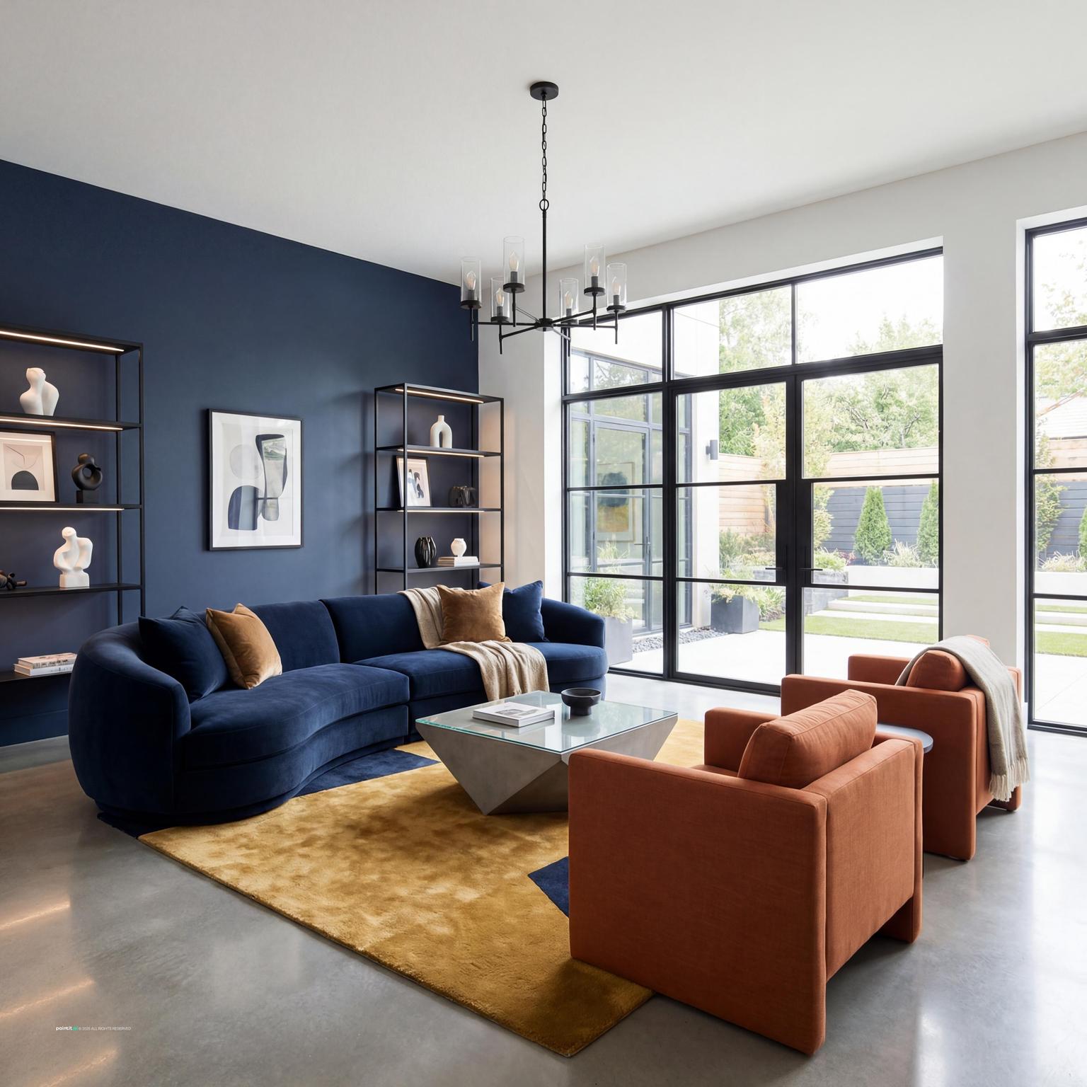 Modern Living Room Design for 2025 navy blue and burnt orange living room