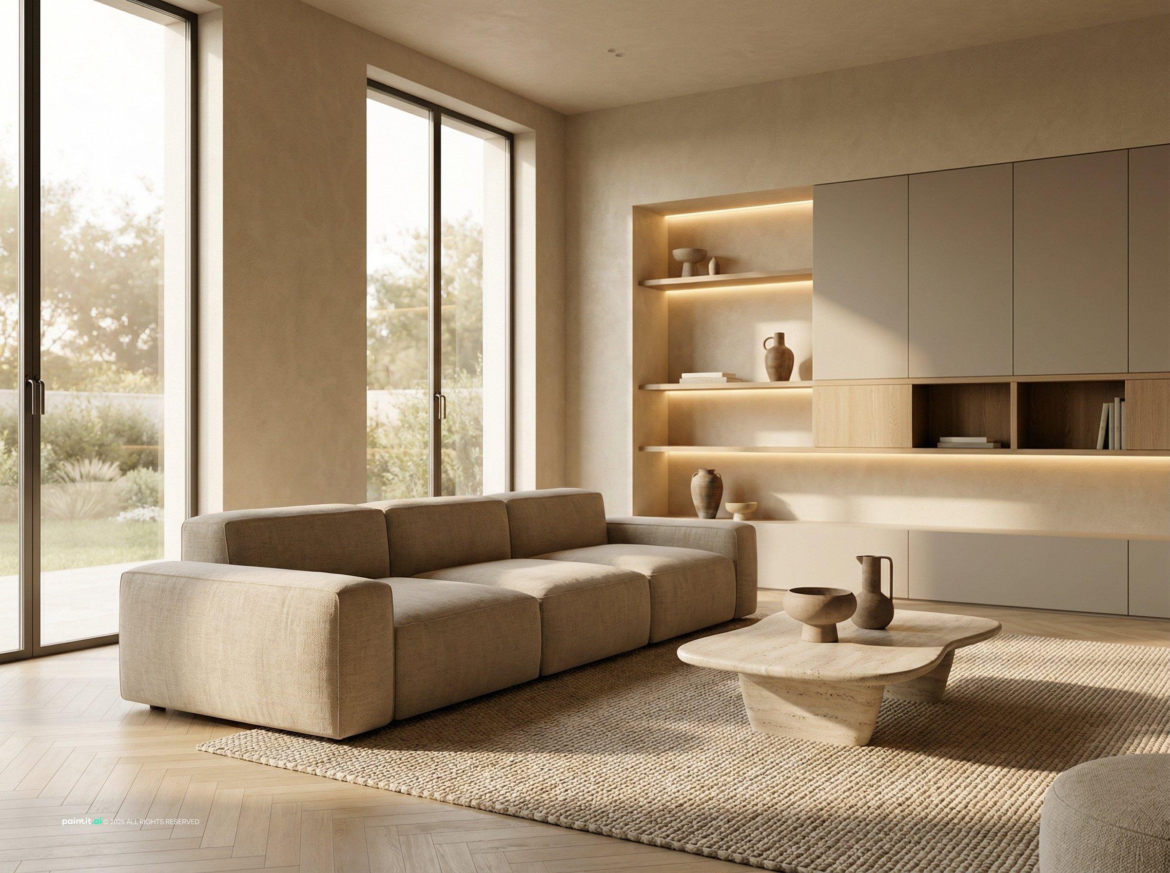 Low, deep boucle sofa in a warm minimalist living room with built-in shelving