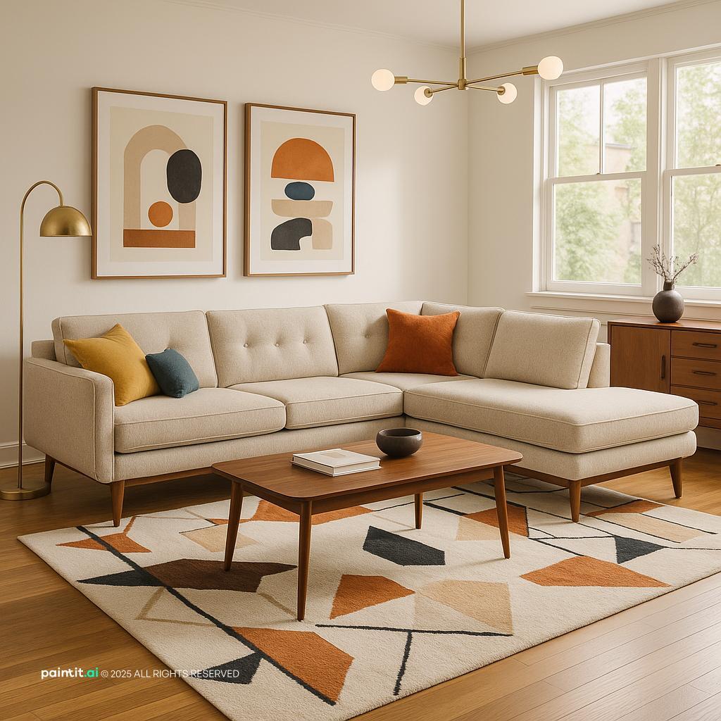 Stylish Mid-Century Modern Living Room Design with walnut accents for a middle class 1940s living room.