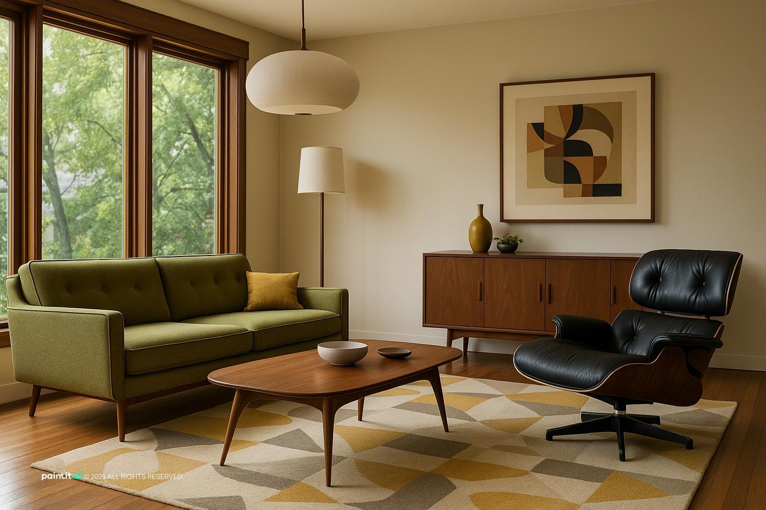 Mid-Century Modern Living Room Design showing green accents, olive green tones, warm wood for Olive Green Living Room Ideas.