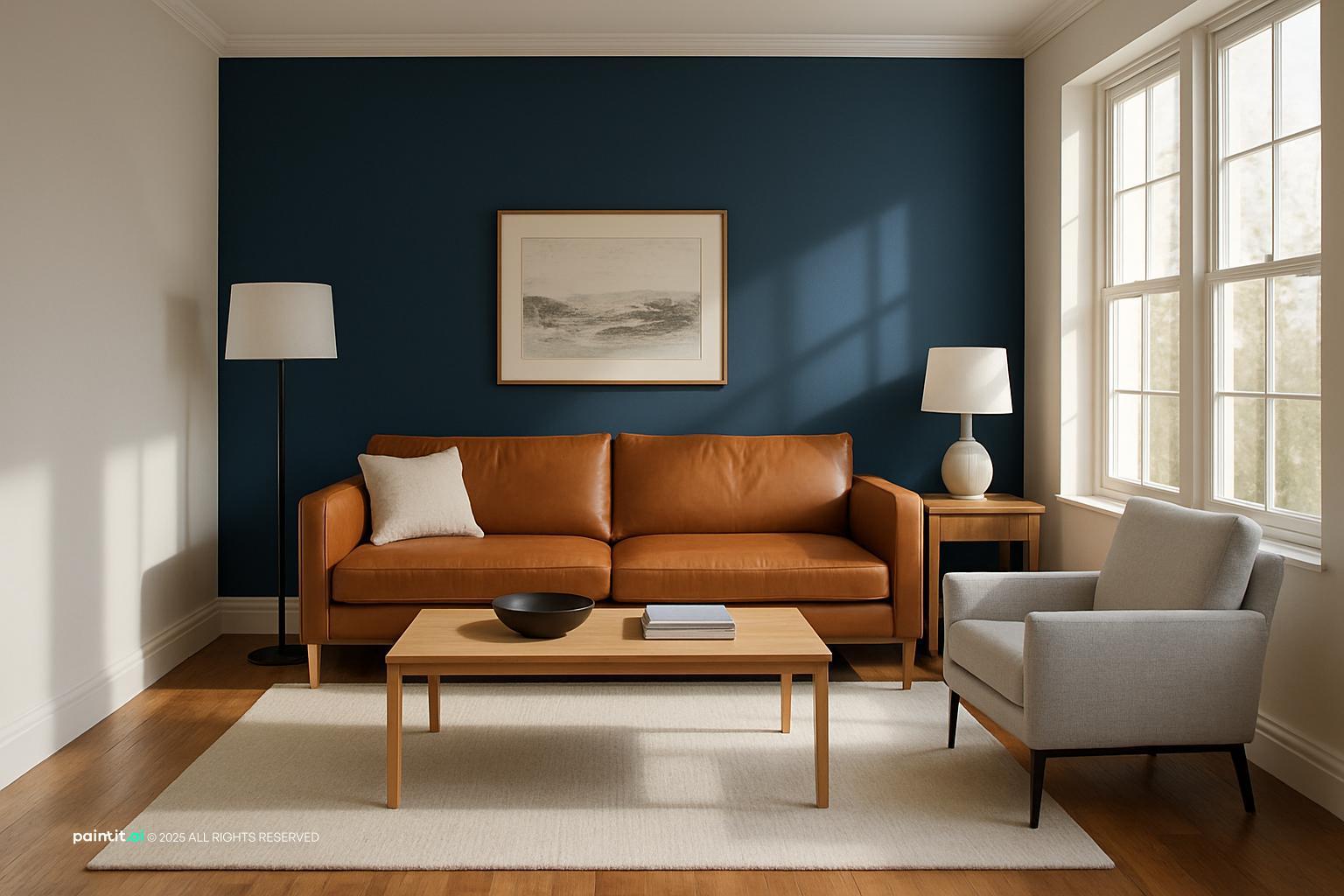 Navy and Grey Living Room Ideas with Navy Contrast and Clean-lined Furniture showing navy contrast, clean-lined furniture, layered neutrals for Navy and...
