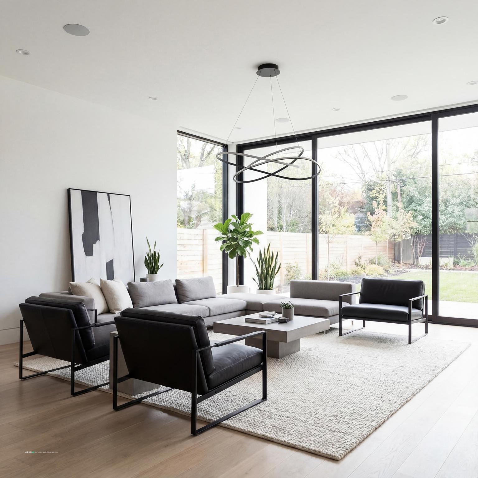 Modern minimalist living room featuring sleek white built-in storage solutions and integrated shelving for a clutter-free space.