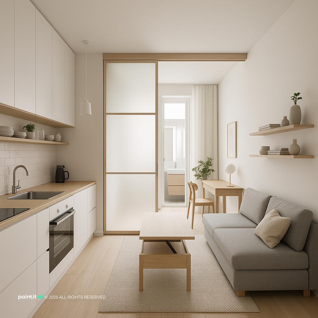 Compact studio layout with light palette and efficient storage