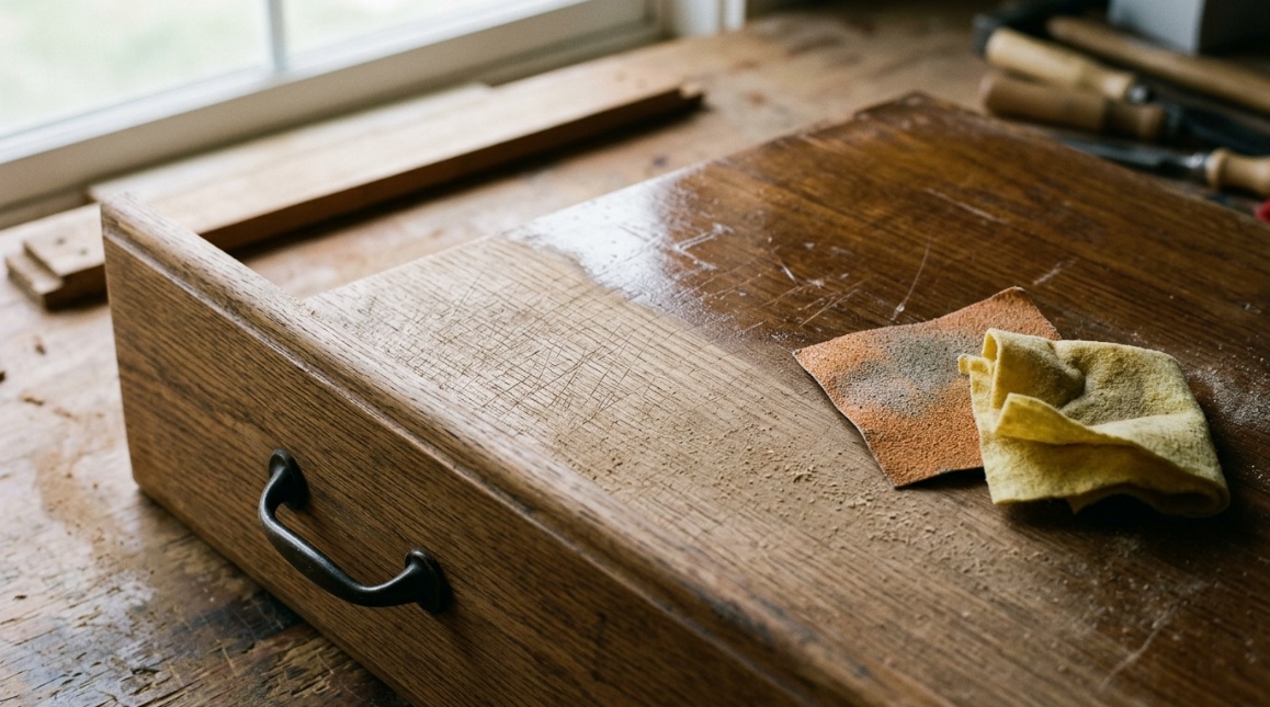 wooden dresser drawer front mid-preparation, one half sanded matte with visible fine scratch texture and dust