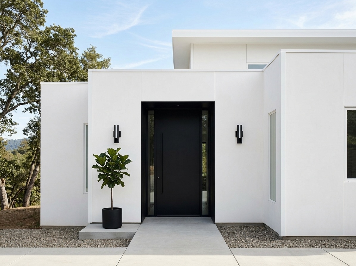 Minimalist white house exterior with bold black front door frame  and sleek black door as the sole design focal point