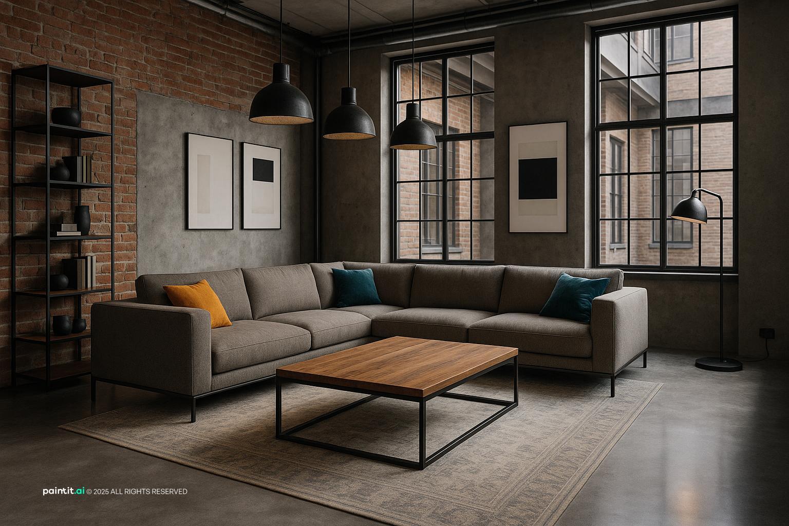 Modern Industrial Living Room Design showing teal accents, soft textiles, metal accents for Teal Living Room Ideas.