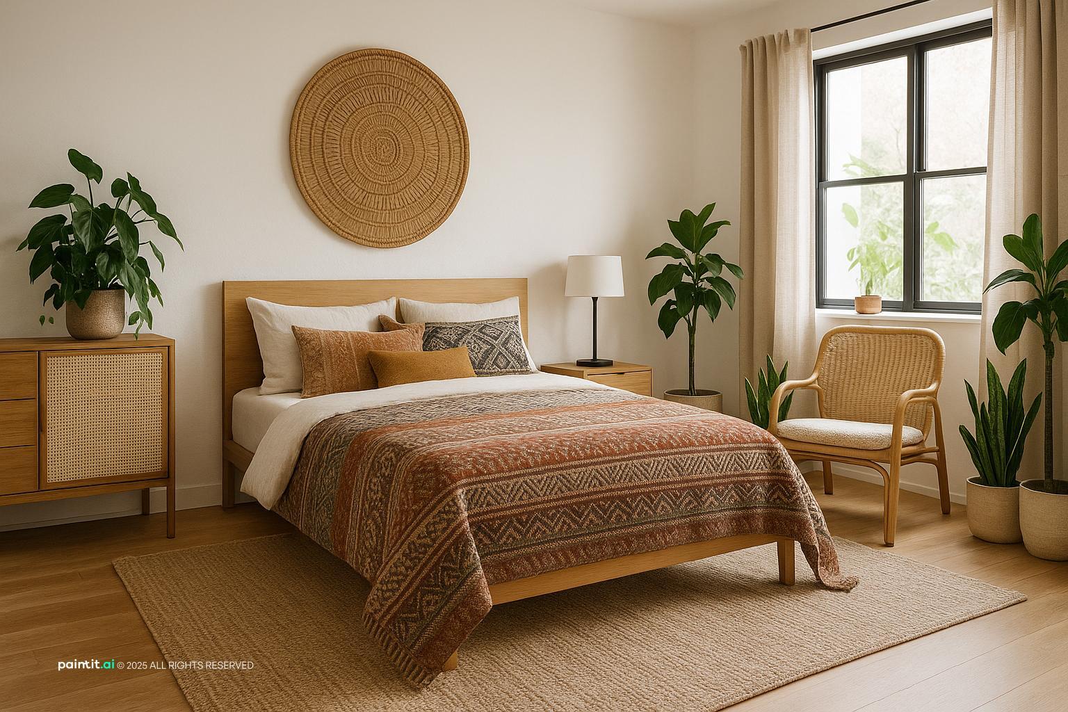 Woven Texture Bohemian Bedroom with Layered Textiles for Bohemian Style Interior Design Characteristics