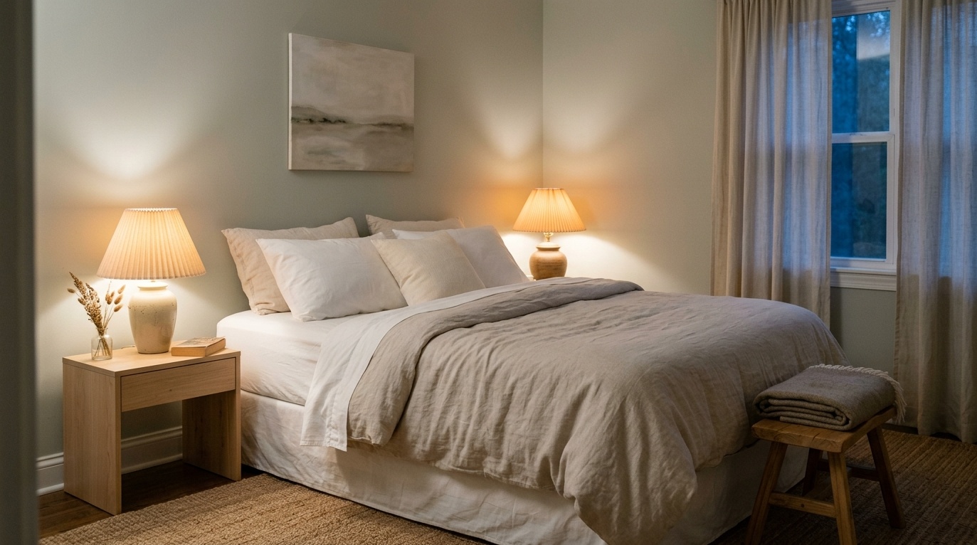 restful bedroom with pale gray-green walls