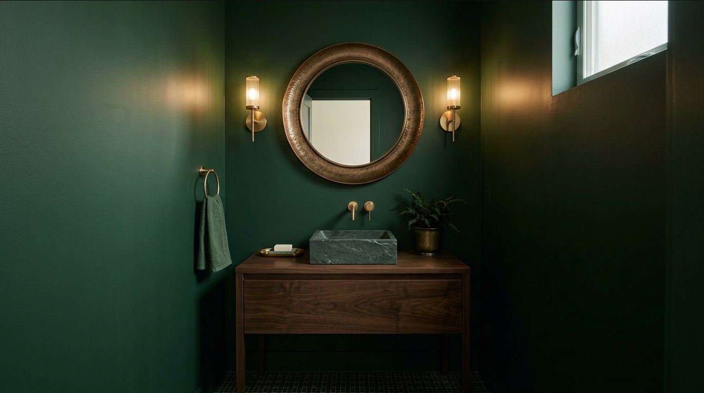Moody powder room with deep green eggshell walls, brass sconces, round mirror, and compact stone basin