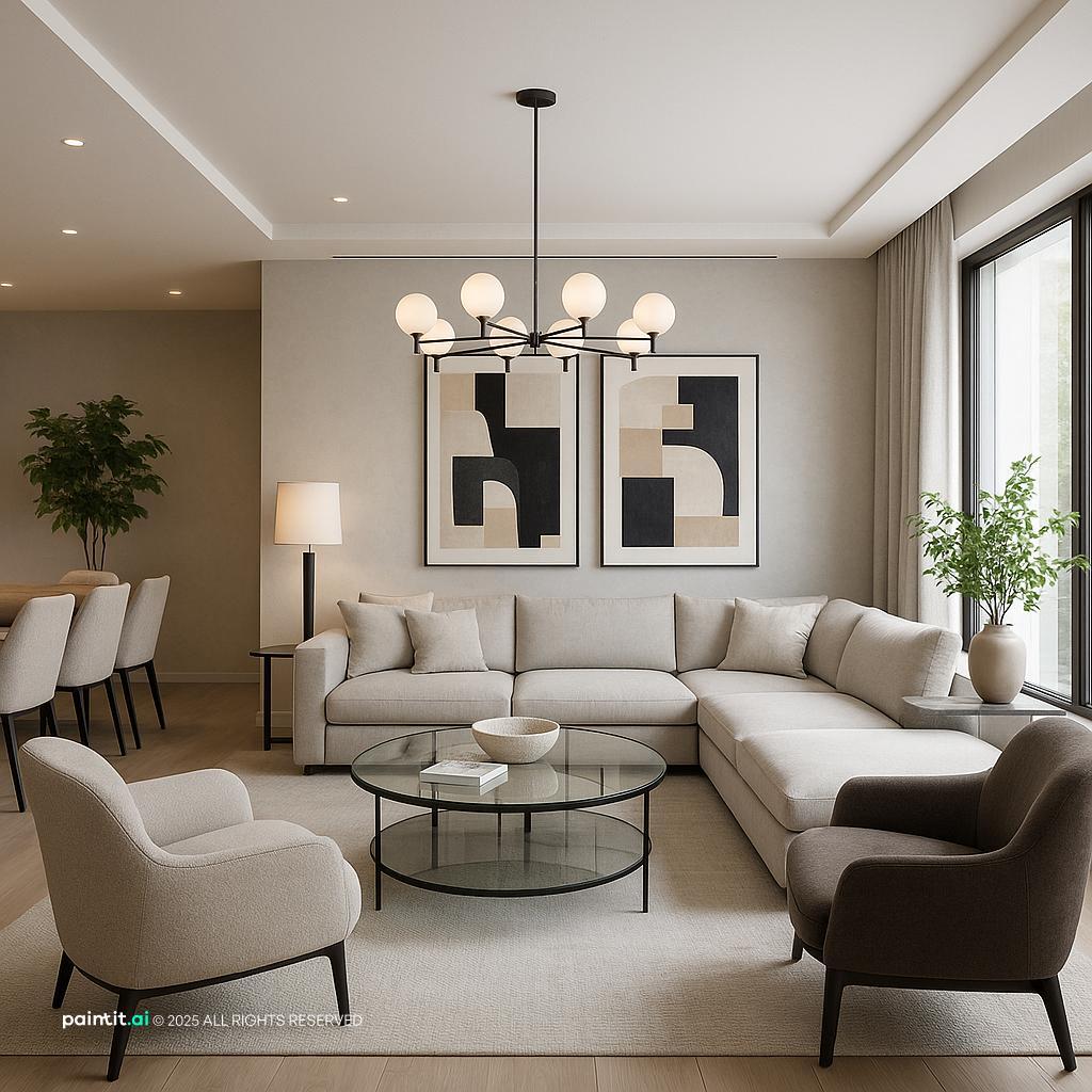 Contemporary living and dining area in greige with a sectional, a round glass table and a sculptural chandelier