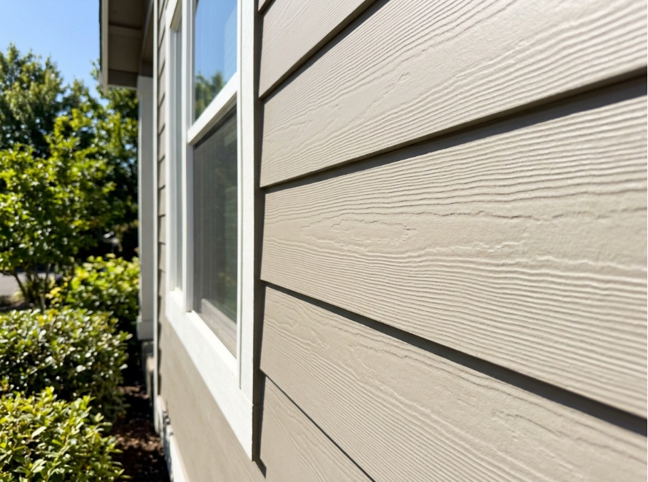 Fiber cement siding in warm greige paint under strong direct sunlight.