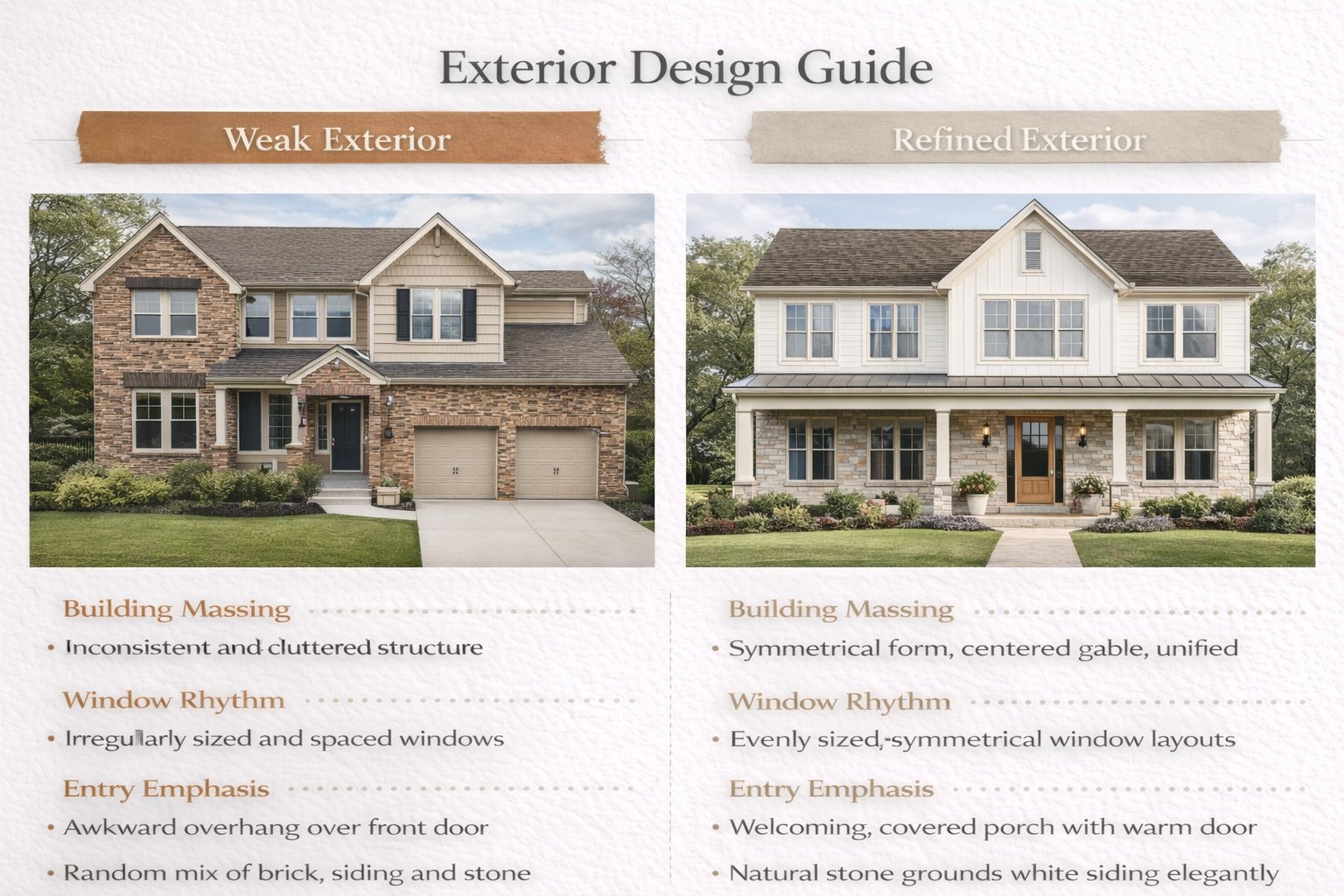 Educational comparison showing why exterior realism depends on facade hierarchy, massing, and material transitions