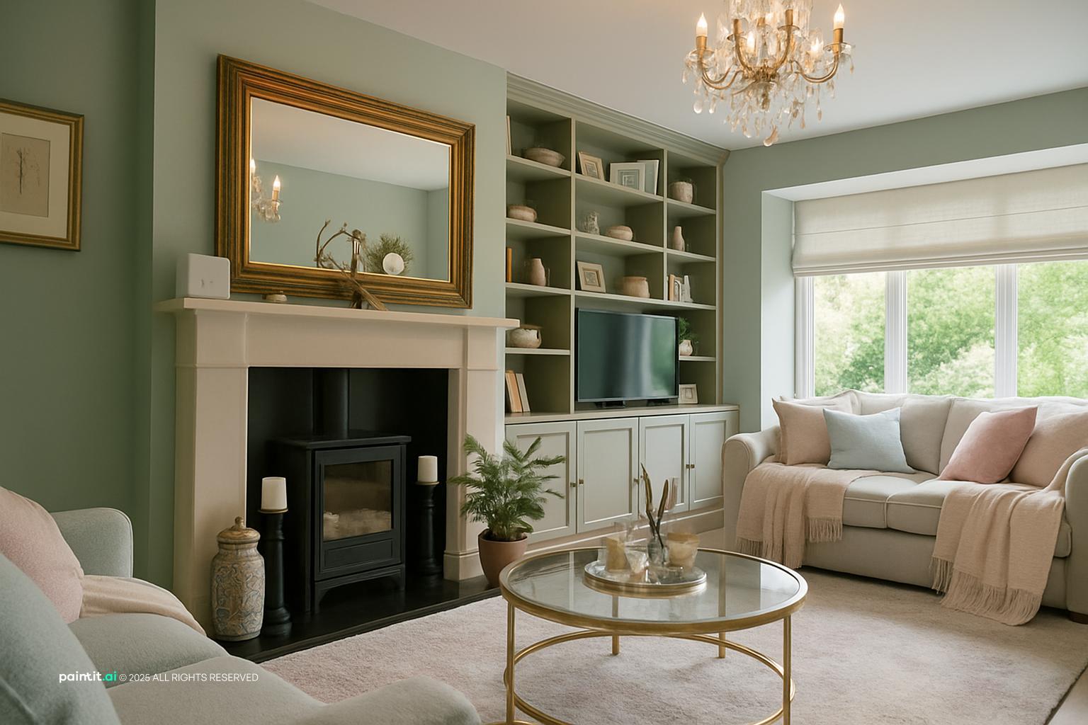 Sage living room with a wood stove, built-in bookcases, a gilded mirror and a cream sofa
