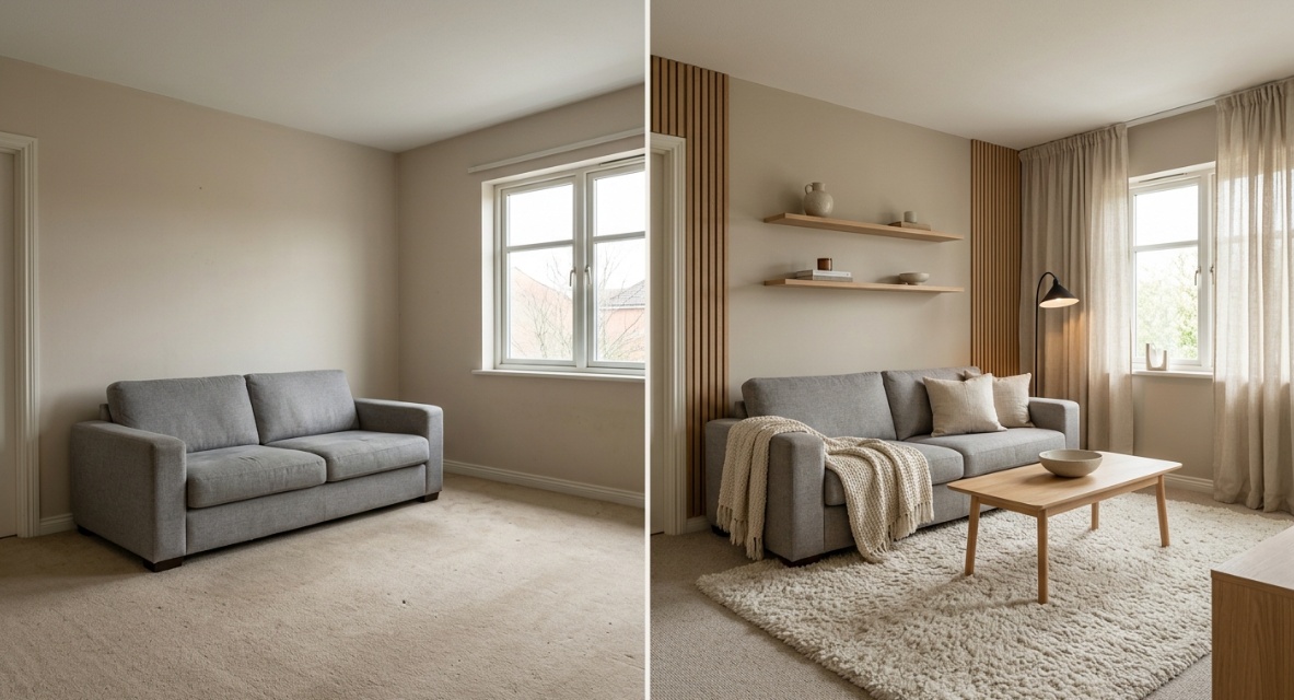 Photorealistic before-and-after split view of a living room showing a plain dated space on the left and the same layout redesigned in a warm Scandinavian style on the right.