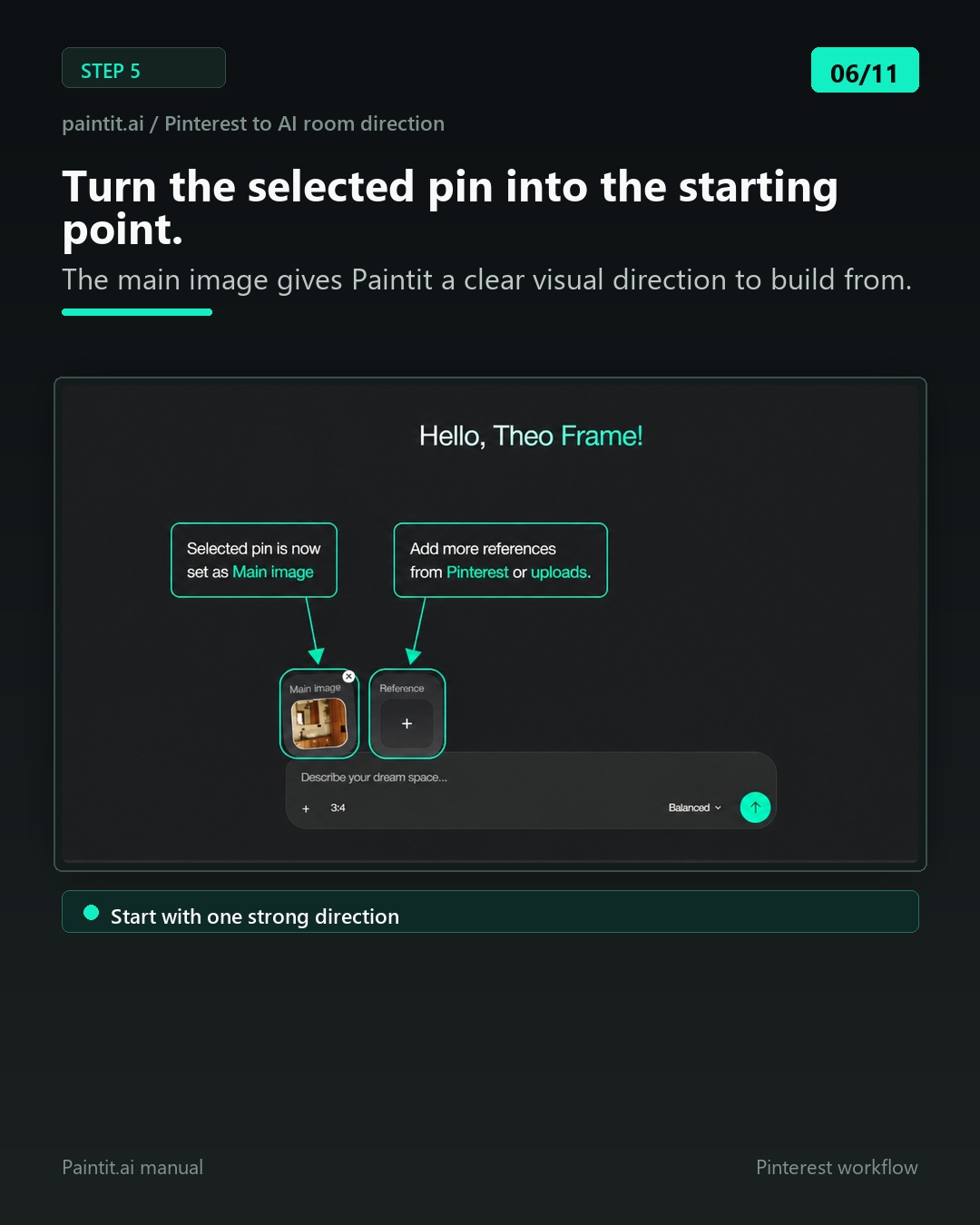 Paintit.ai chat composer showing a selected Pinterest pin set as the main image for an AI room design prompt.