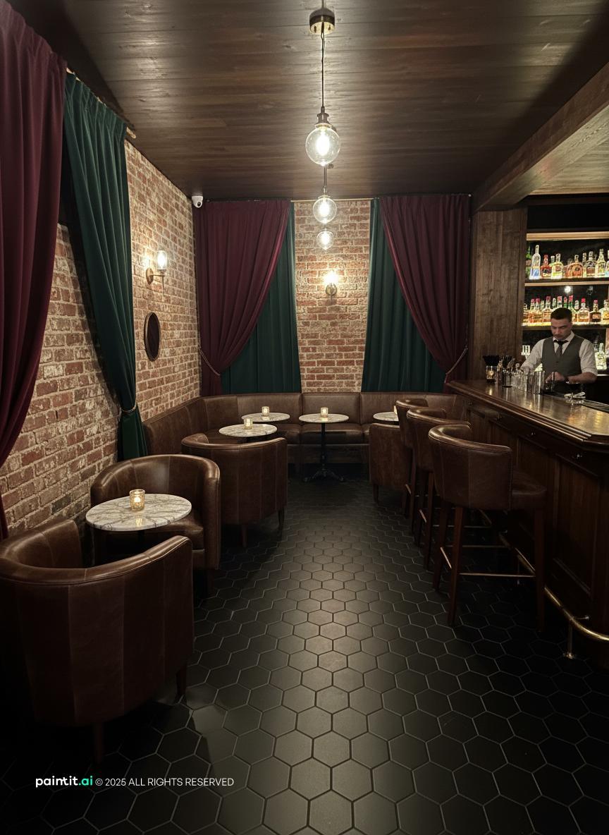 Intimate bar corner with dark green curtains, low lighting and a small table for two