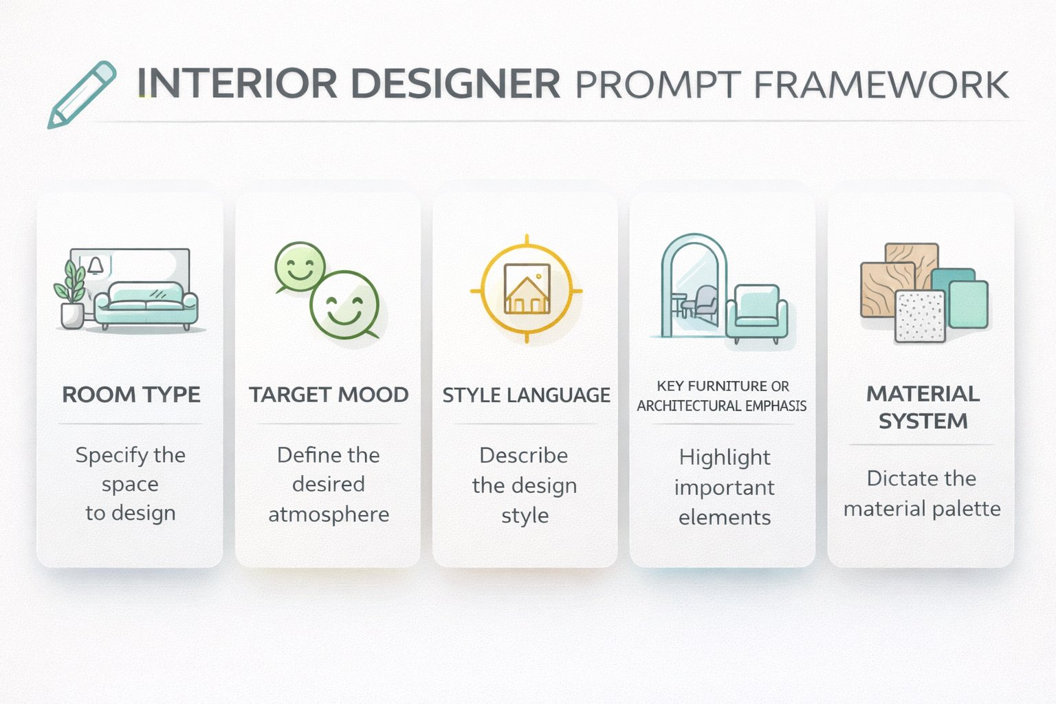 Infographic showing a professional interior designer prompt framework for Paintit.ai