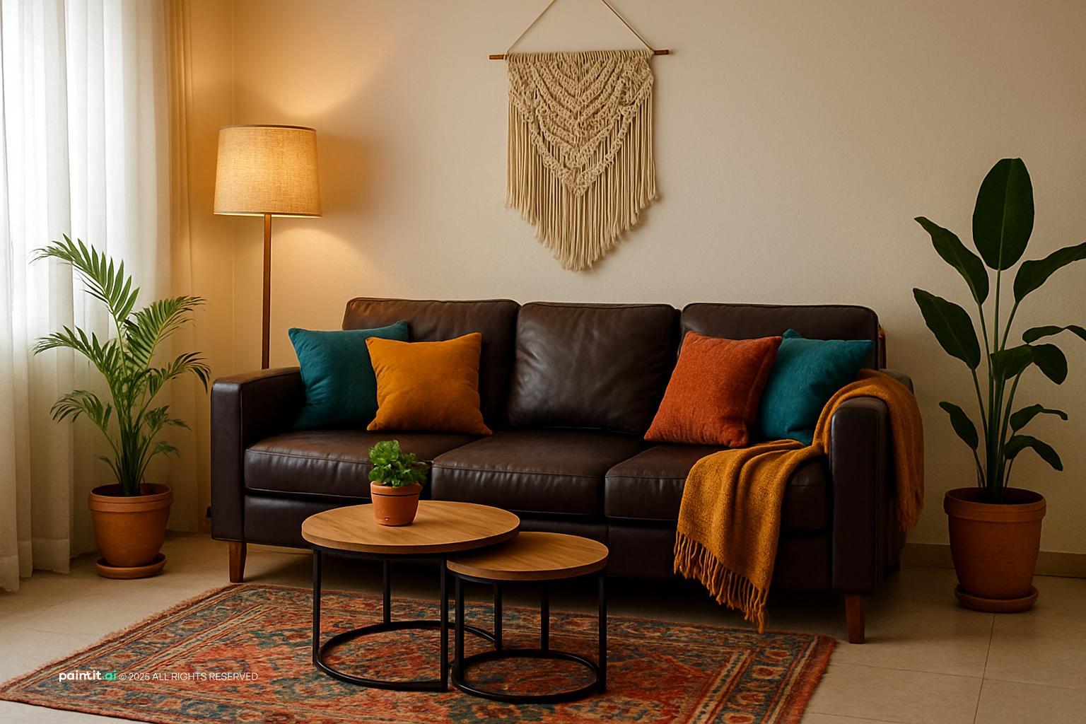 Living room with a black leather sofa, mustard and orange cushions, a macrame hanging and a patterned rug