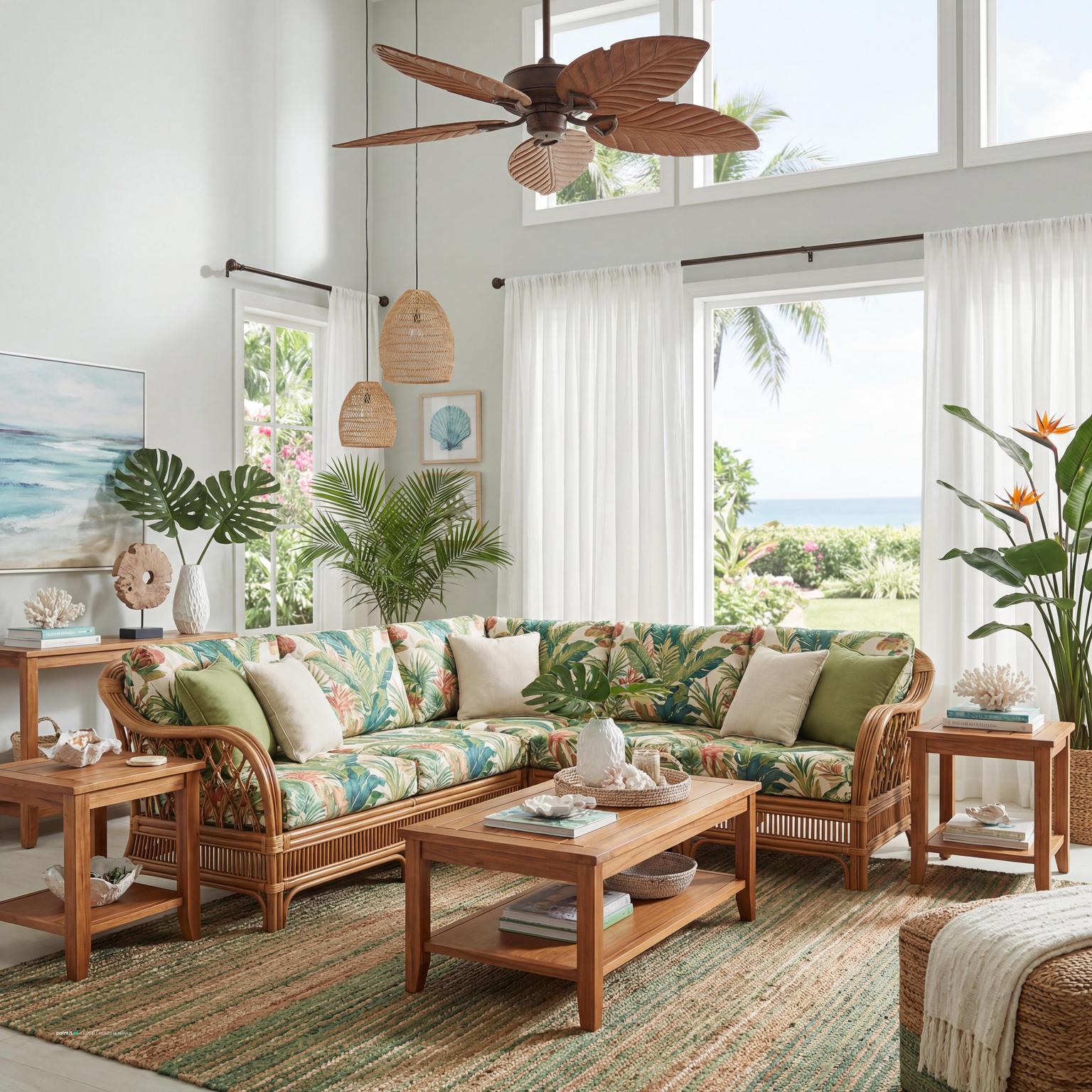 Tropical whimsical living room design inspiration, featuring lush greenery, vibrant colors, and playful decor for an exotic, enchanting escape.