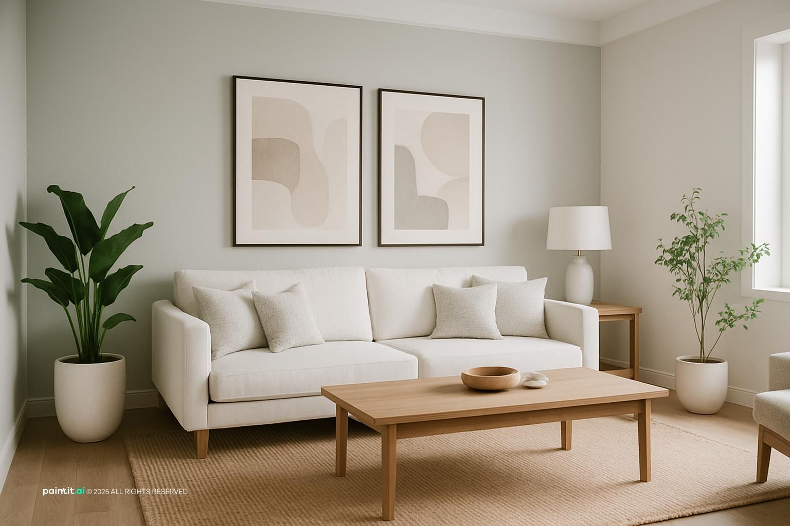 Grey and white living room with soft gray walls, a white accent wall, a light sofa and framed prints