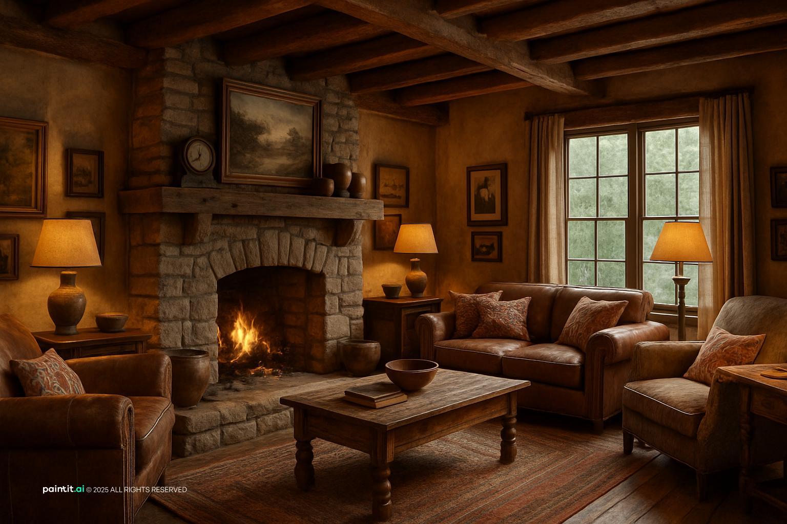 Lodge-style living room with brown leather sofas, a stone fireplace and timber beams