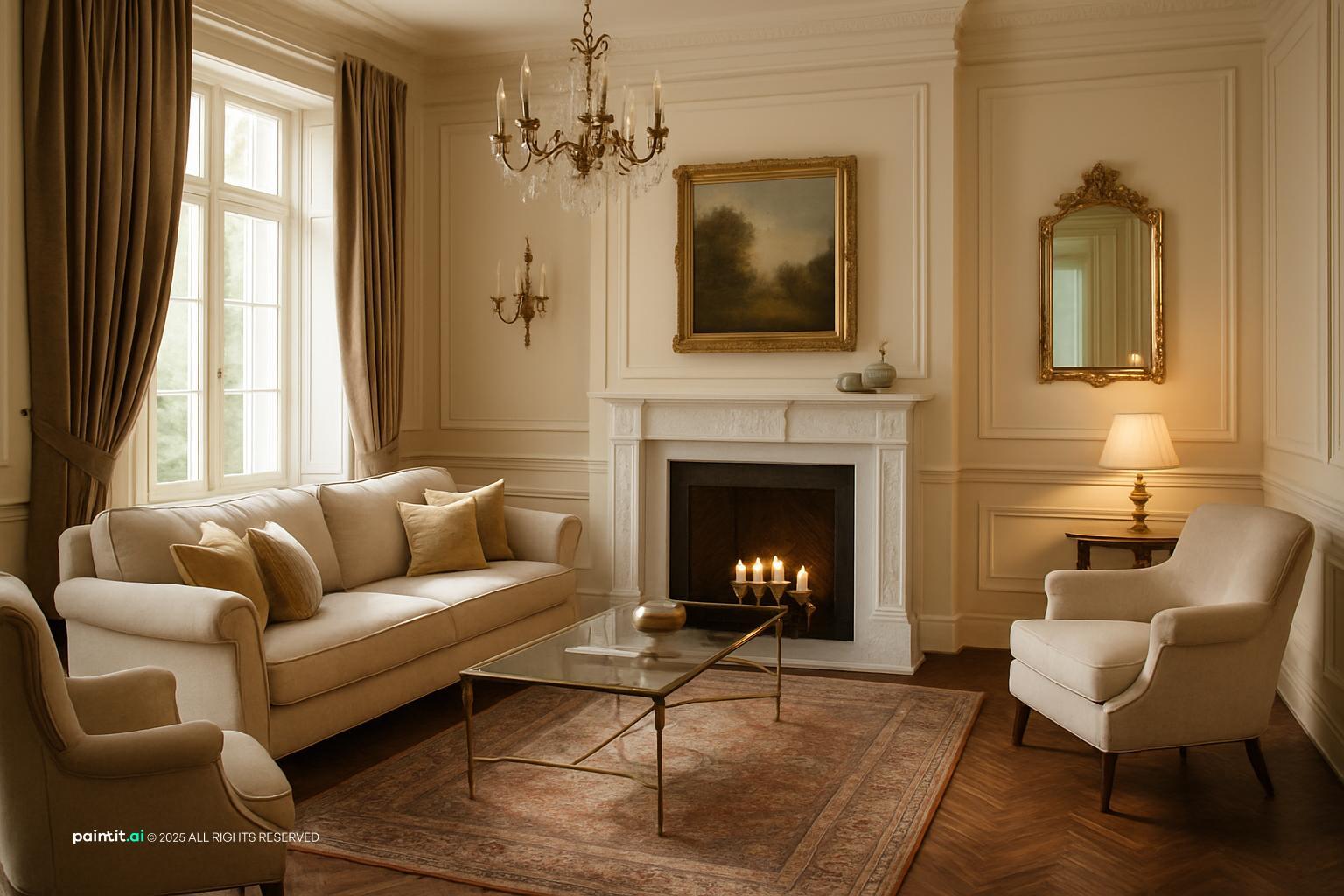Cream paneled living room with a fireplace, a gilded mirror and soft armchairs