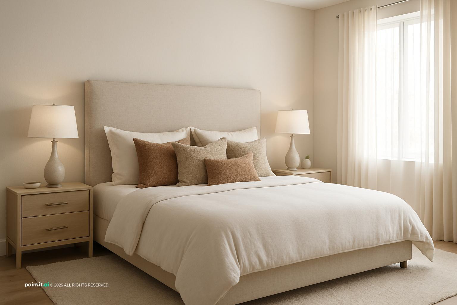 Neutral bedroom with an upholstered headboard, cream bedding, bedside lamps and sheer curtains
