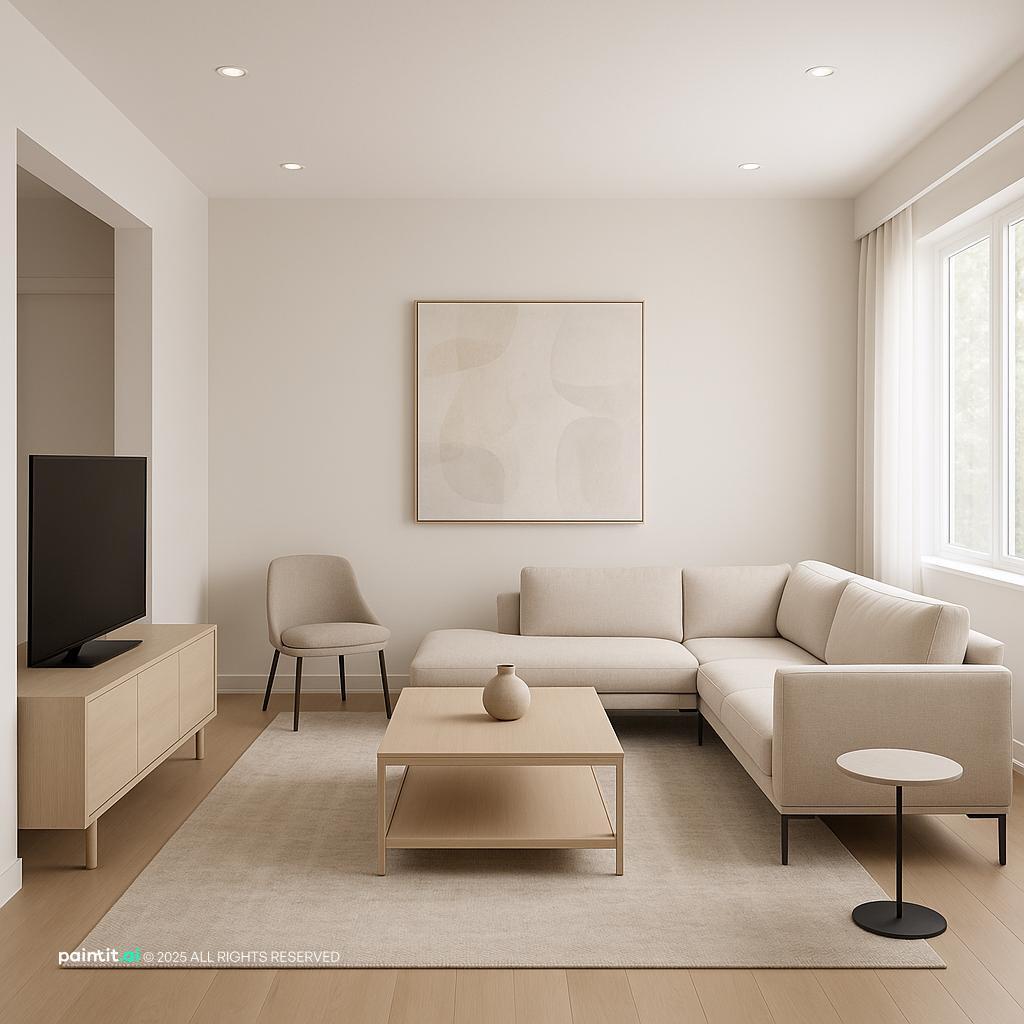Modern Minimalist Living Room Redesign showing basement coziness, clean-lined furniture, layered neutrals for Basement Living Room Ideas.