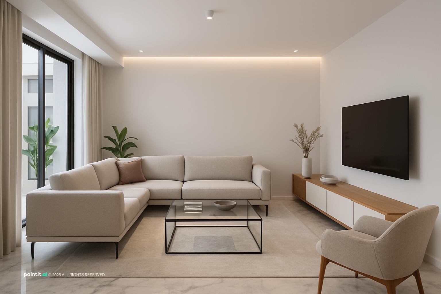 Contemporary living room with a white sectional, a light gray armchair, a glass coffee table and a wood-topped TV unit