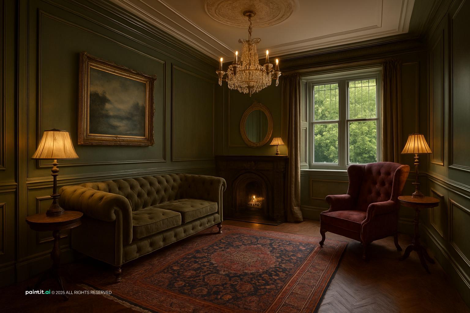 Victorian drawing room with olive green paneled walls, a Chesterfield sofa, a red velvet wing chair and a crystal chandelier