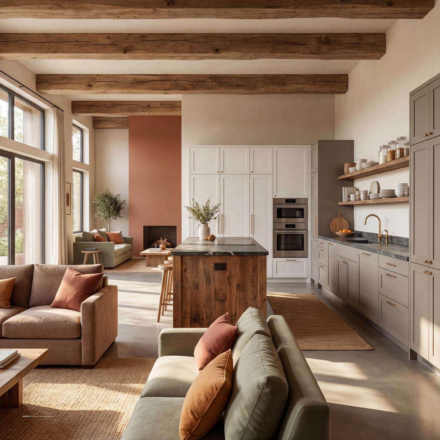 Modern rustic cottage kitchen and living room design, blending contemporary comfort with natural wood, stone, and a warm, inviting atmosphere.
