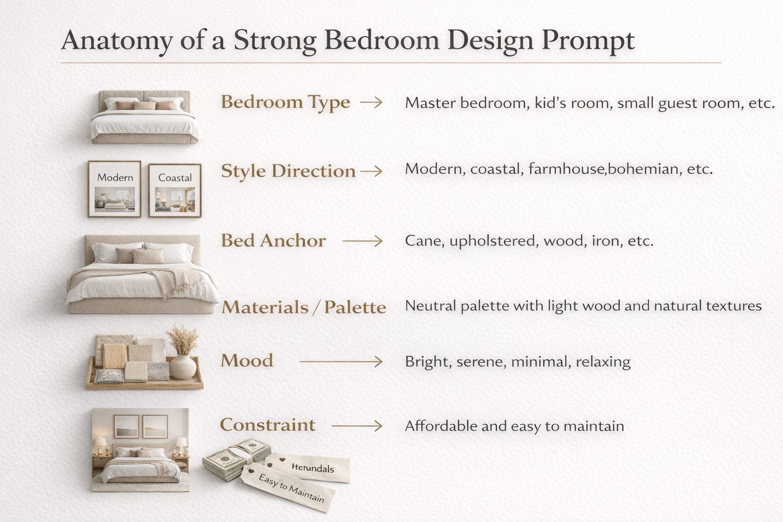 Infographic showing the structure of a strong bedroom design prompt