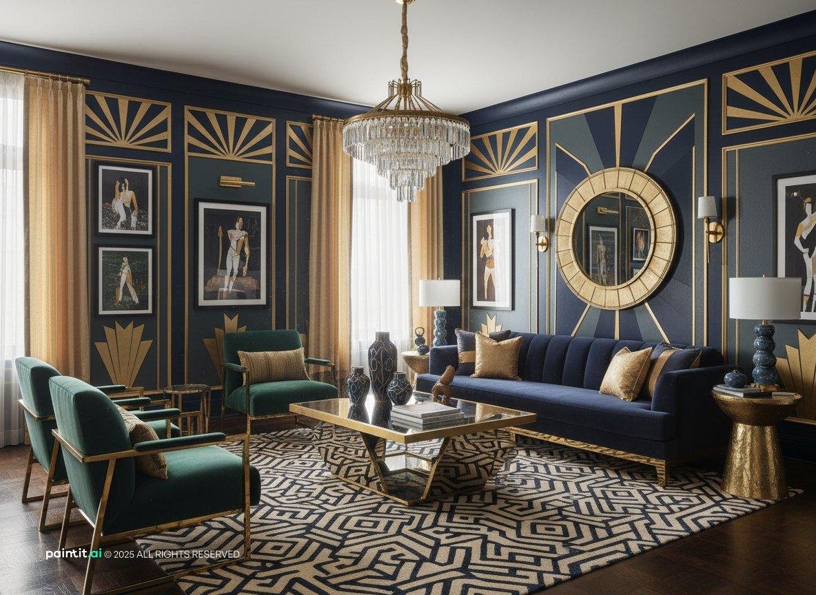 1930s Art Deco living room with navy walls, gold geometric panels, a sunburst mirror and green velvet chairs