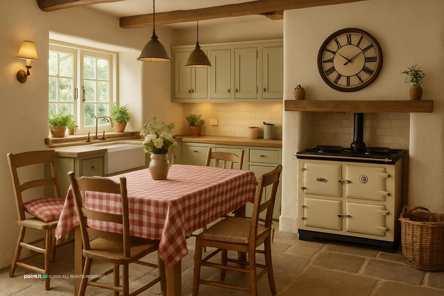 English country kitchen with a cream range cooker, a gingham tablecloth, wooden chairs and a wall clock