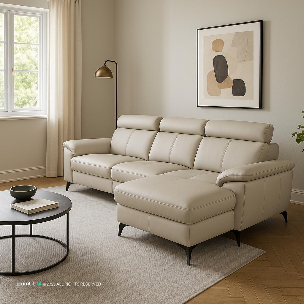 Modern living room with a cream leather sectional, beige walls and a simple coffee table
