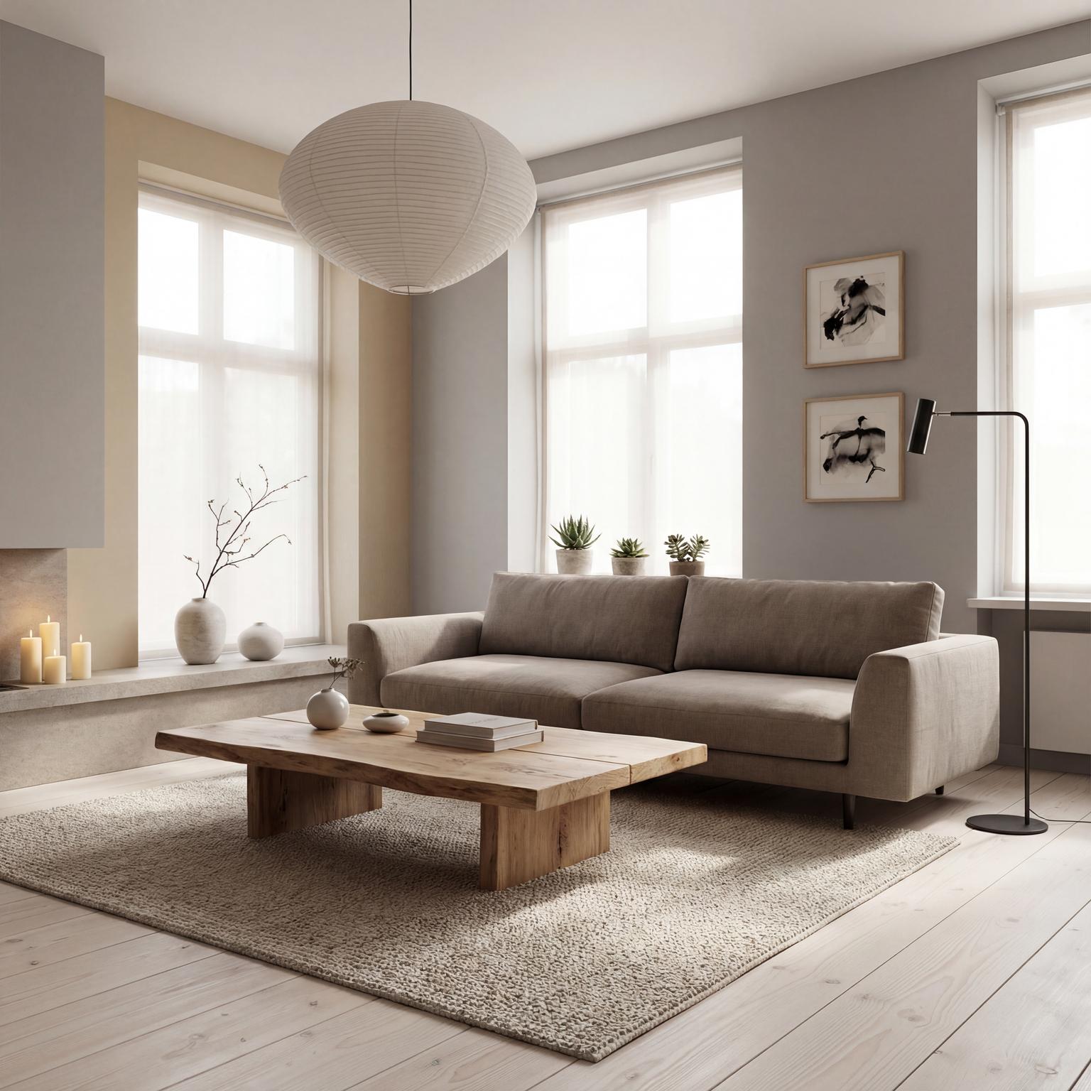 Serene Japandi Living Room Mood Board combining Japanese minimalism with Scandinavian warmth, natural materials, clean lines, and peaceful tones.