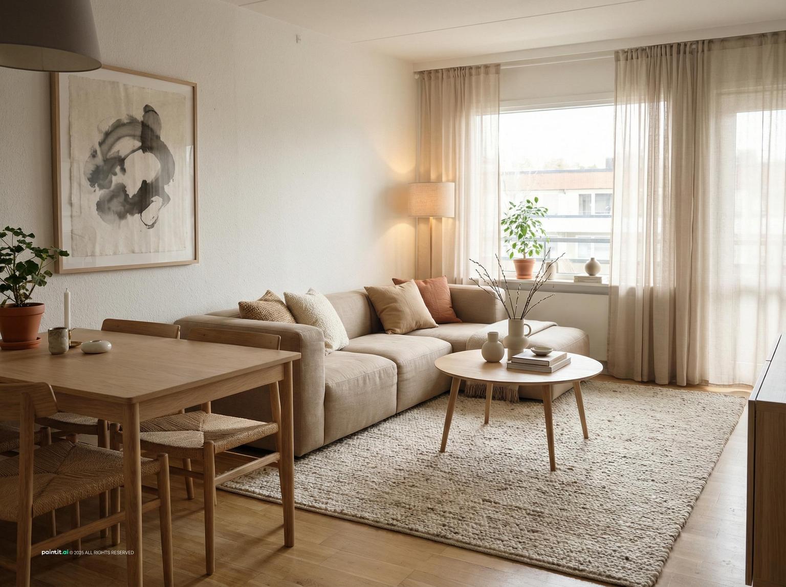 Warm Scandinavian-Japandi living room with a beige sofa, a wooden dining table and soft daylight