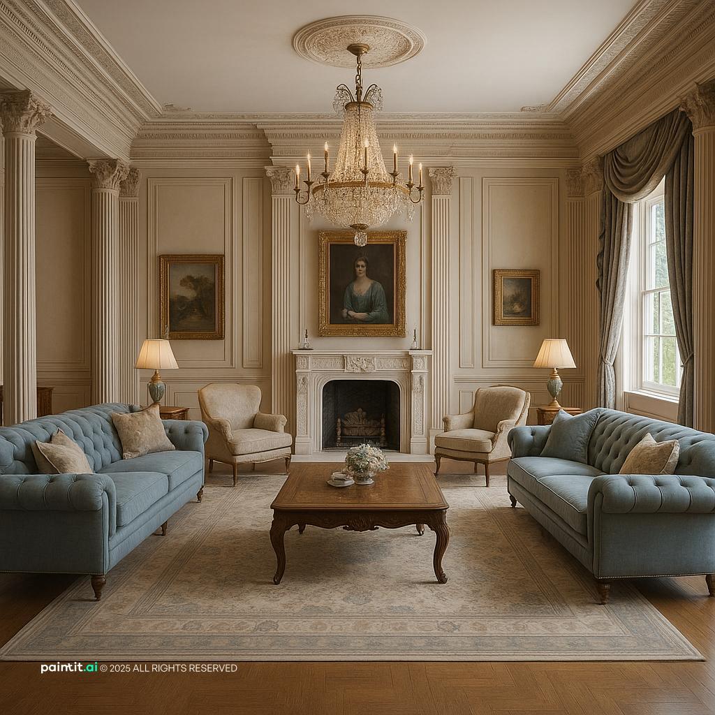 Elegant Neoclassical Living Room Design with Wall Paneling Detail showing wall paneling detail, layered neutrals, natural light for Living Room Wall Pan...