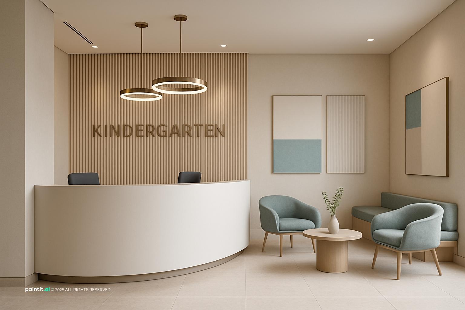 Kindergarten reception with a curved desk, soft seating and pendant lights