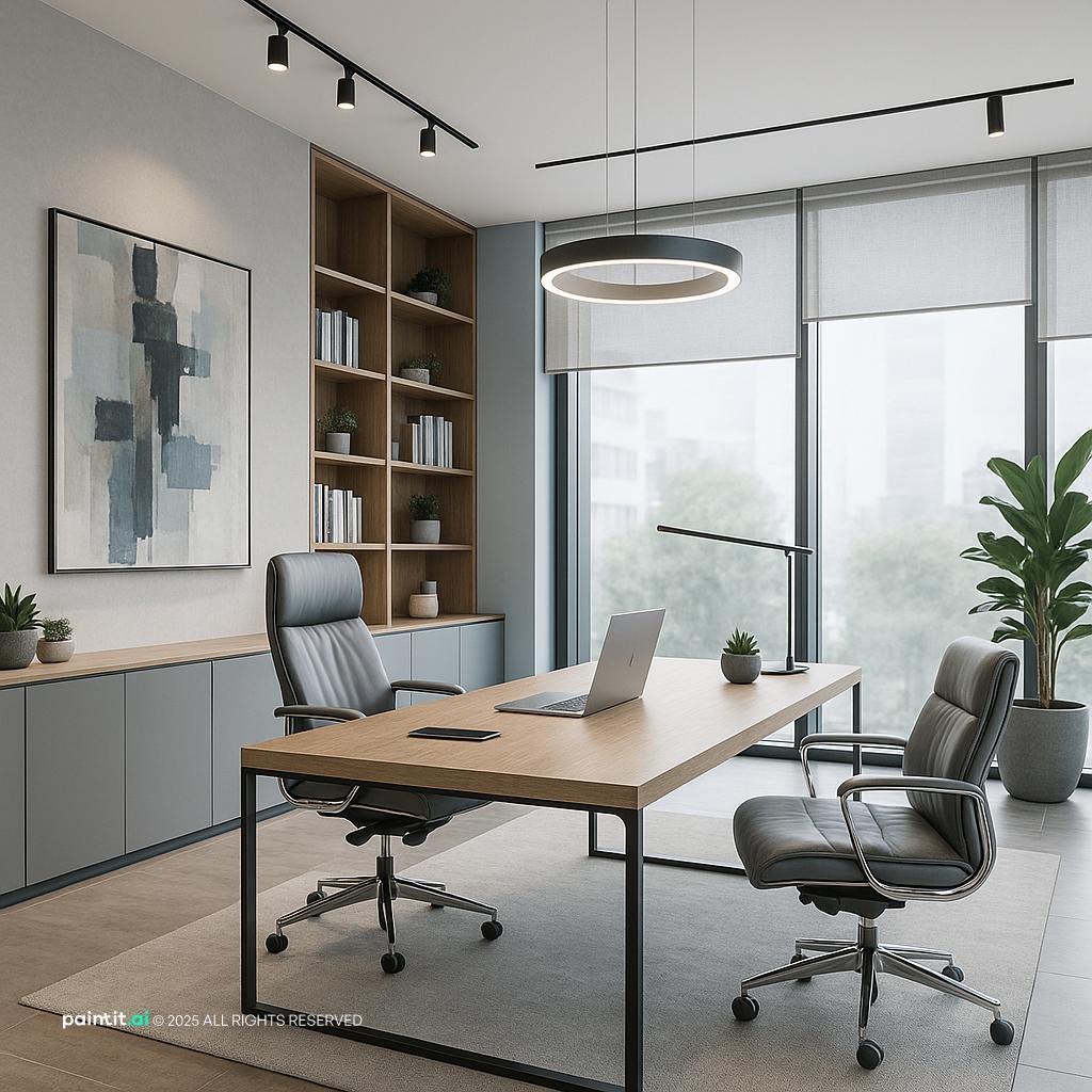 Contemporary office interior with storage and staff workstations