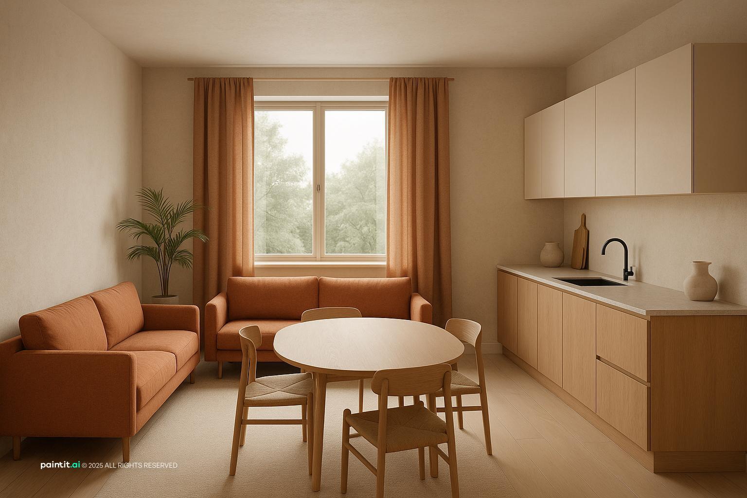 Japandi Style Kitchen-Living Room Design with Light Wood for Muji Style Interior Design