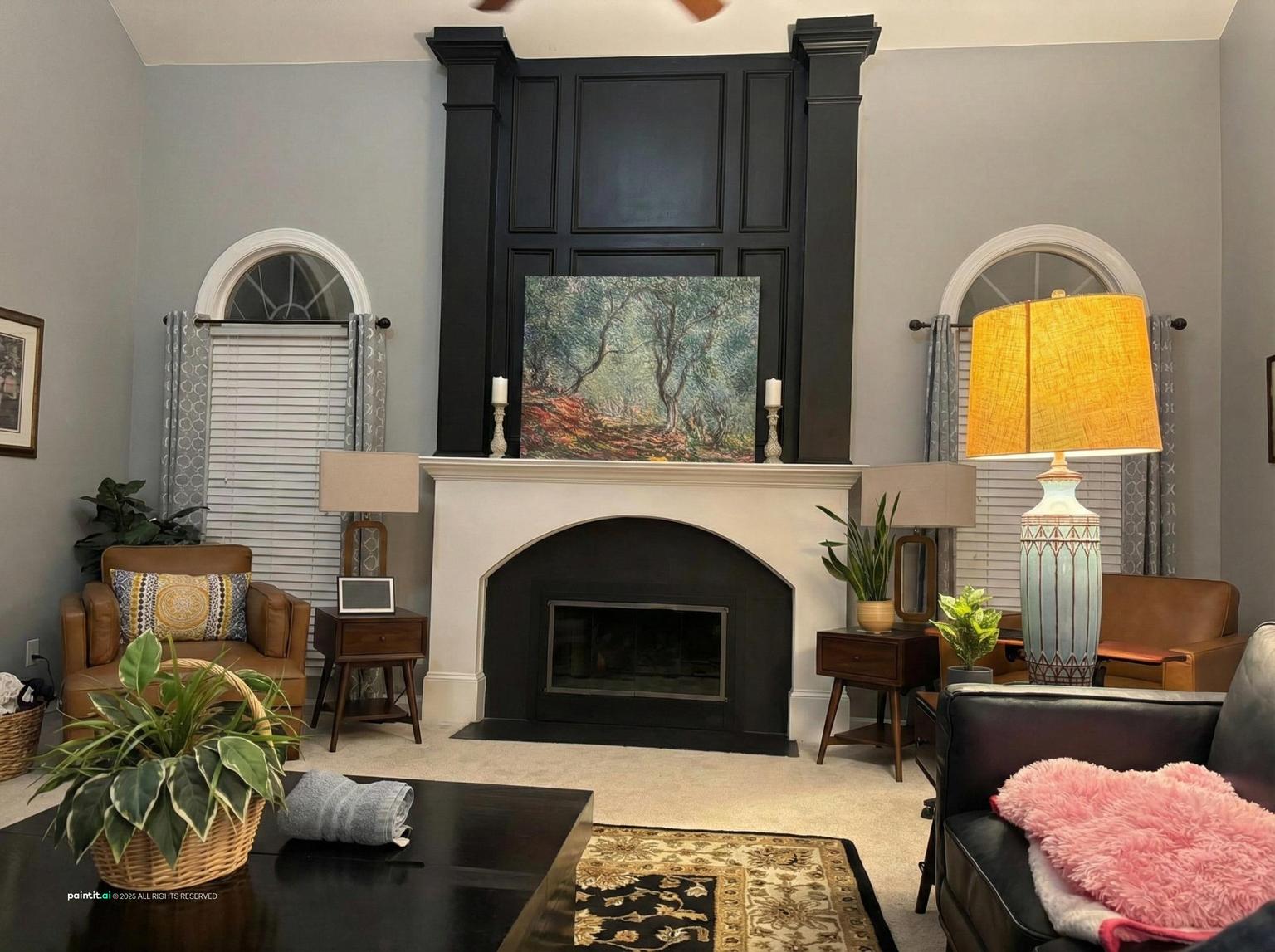 Living room with an arched fireplace and only the trim above it painted black, with plants beside it