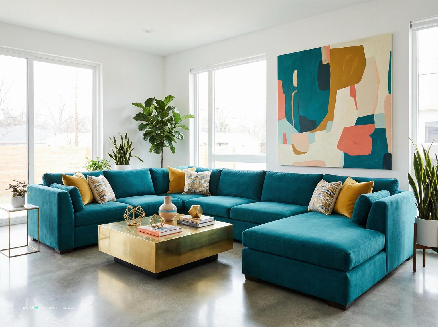 Yellow and Turquoise Living Room - Design Ideas | Paintit.ai - 15