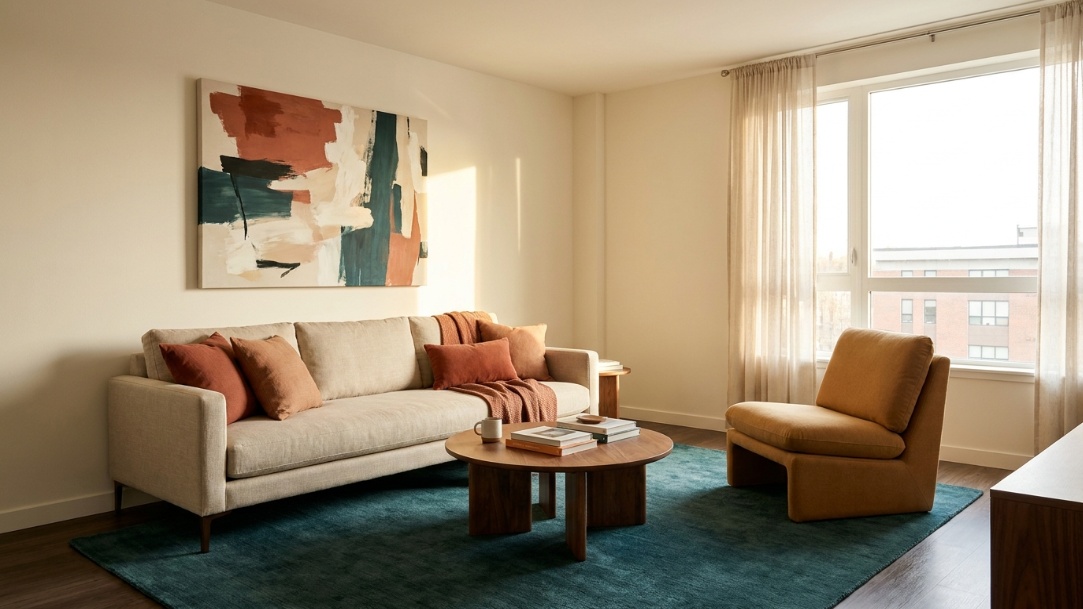 Rental living room with a teal rug, terracotta cushions, ochre chair, walnut table, and off-white walls.