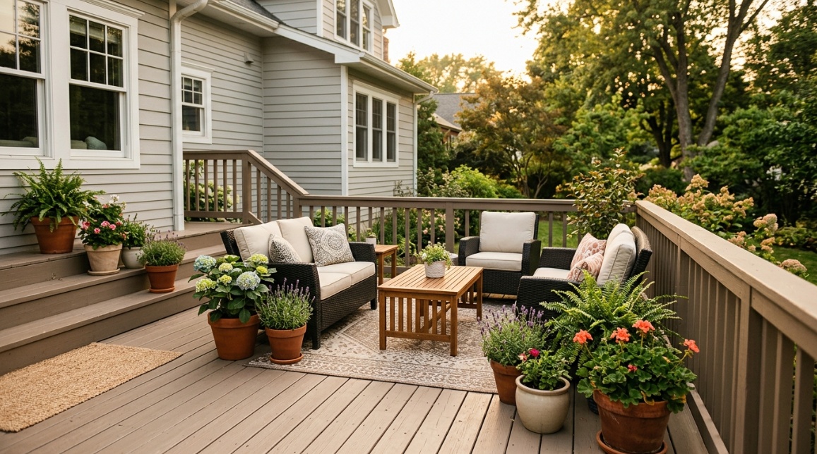 cozy backyard deck scene painted warm taupe, outdoor seating with cushions, potted plants, and railing