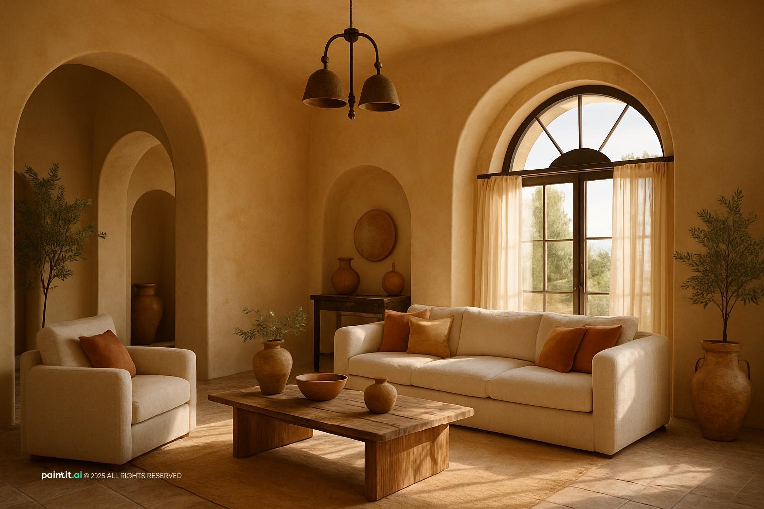 California Mission style interior design visual reference 7: stucco walls with warm wood beams