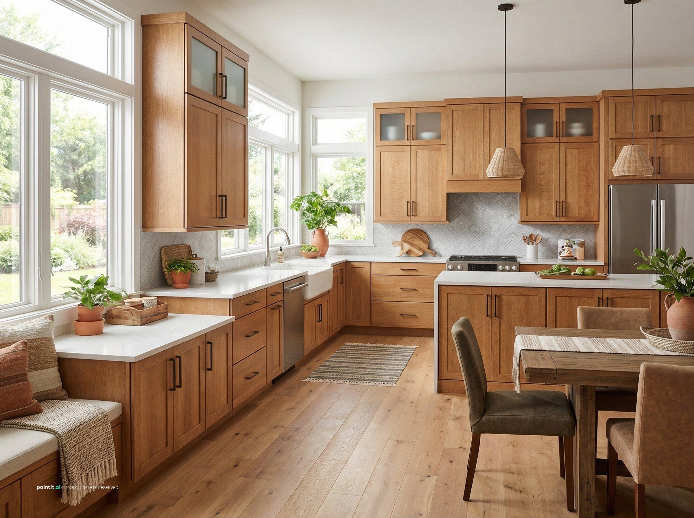 Bright kitchen with honey oak cabinets, glass-front upper cabinets, white counters and a cushioned window seat
