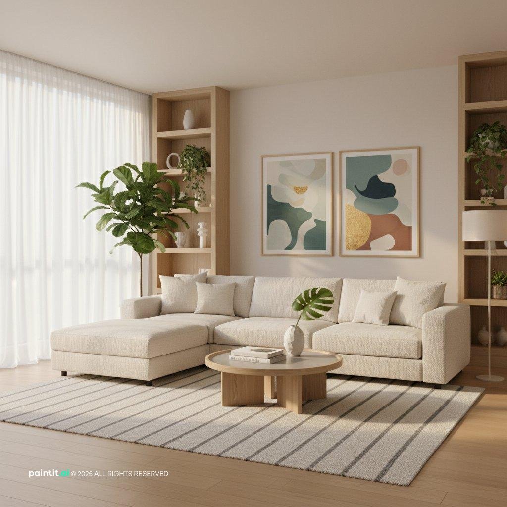 White living room with a chaise sofa, built-in shelves, colorful prints and plants